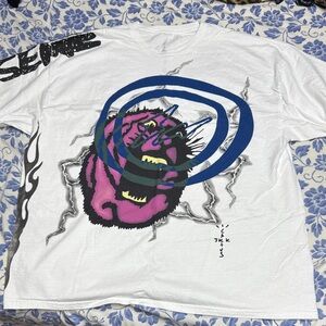 Travis Scott White Tee with Blue Graphic Detail and Black Tag Print